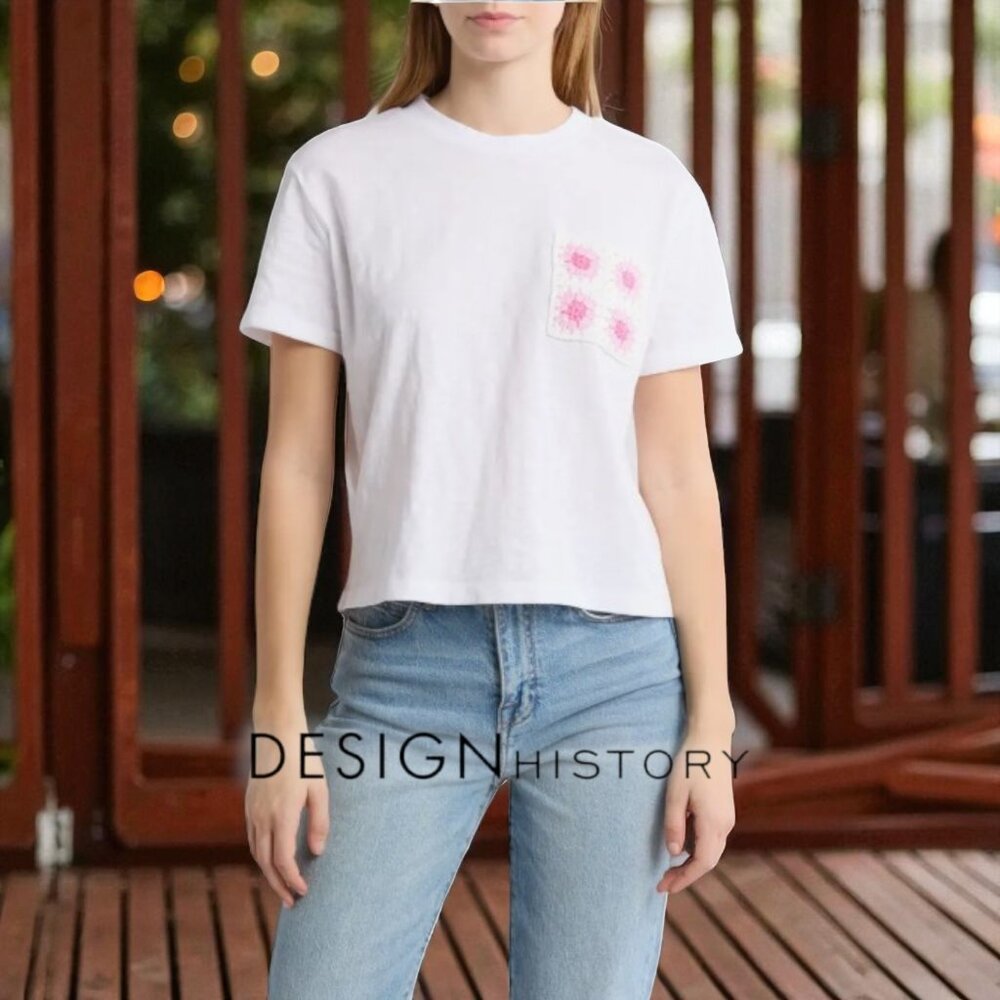 $99 Design History Womens S White Crochet Pocket Wild Lilac Combo Cotton T-Shirt